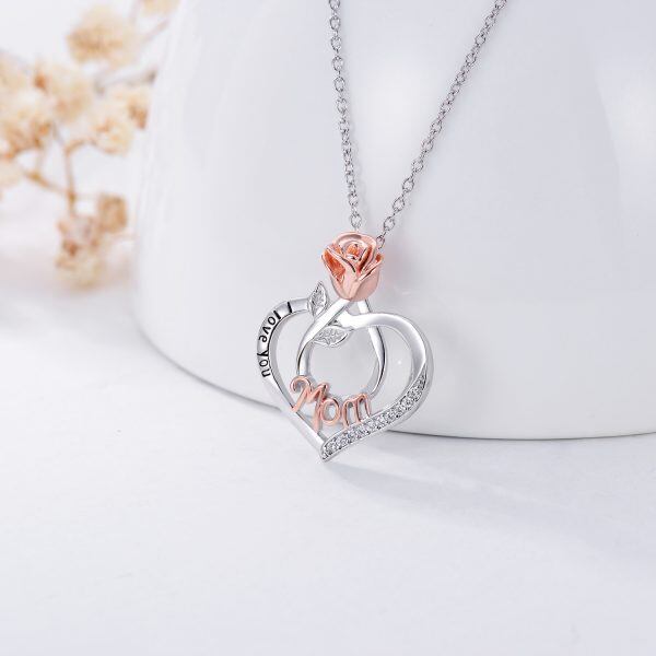 Sterling Silver Love Heart Rose Flower Pendant Necklace For Mom-4