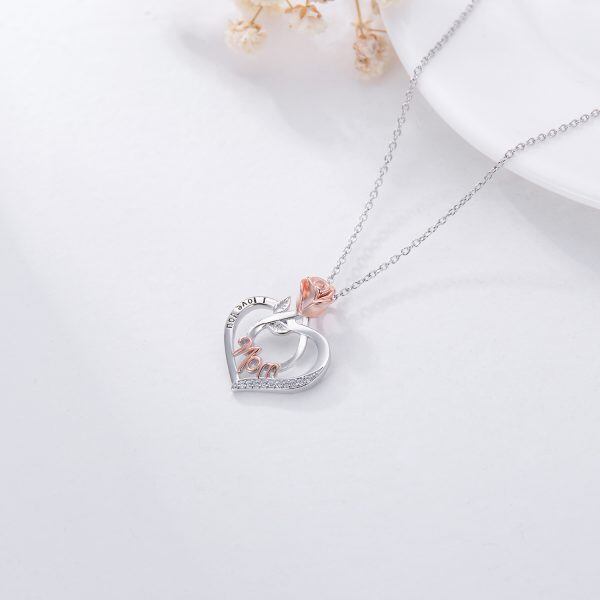 Sterling Silver Love Heart Rose Flower Pendant Necklace For Mom-5