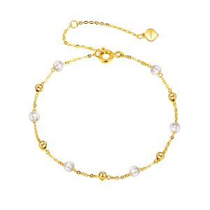 14K Solid Gold Pearl Chain Bracelet -0