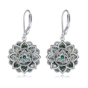 Sterling Silver Moss Agate Lotus Flower Dangle and Drop Earrings-0