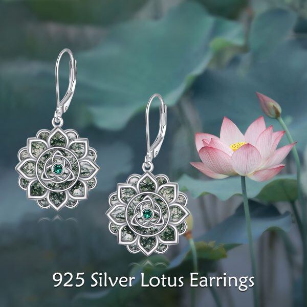 Sterling Silver Moss Agate Lotus Flower Dangle and Drop Earrings-3