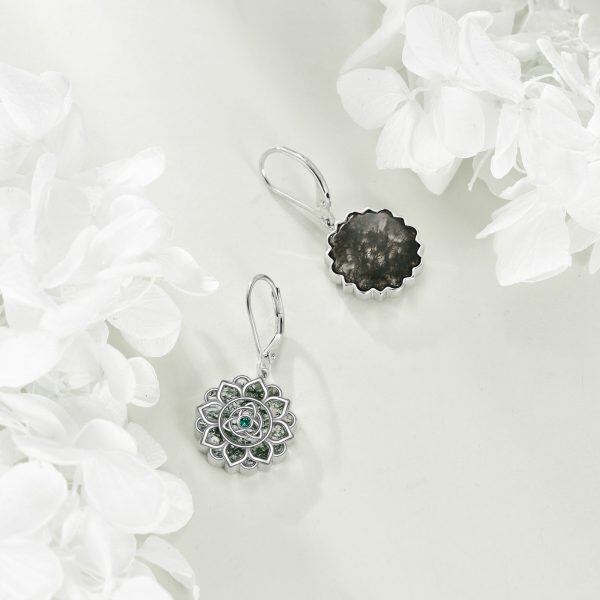 Sterling Silver Moss Agate Lotus Flower Dangle and Drop Earrings-4