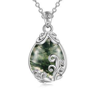 Sterling Silver Moss Agate Filigree Teardrop Pendant Necklace-0