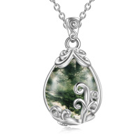 wholesale 925 Sterling Silver Moss Agate Teardrop Pendant Necklace for Women- Rhodium Plated