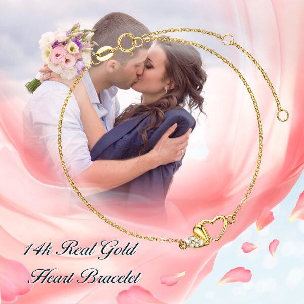 14K Gold Double Heart Chain Bracelets-2