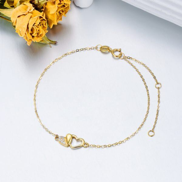 14K Gold Double Heart Chain Bracelets-4