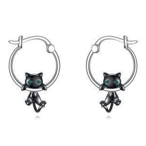 Sterling Silver Black Cat Hoop Earrings-0