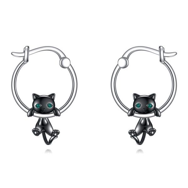 Sterling Silver Black Cat Hoop Earrings-0