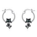 wholesale 925 Sterling Silver Black Cat Hoop Earrings with Green Eyes for Women-0-0
