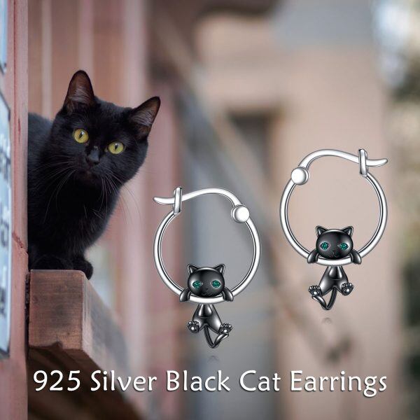 Sterling Silver Black Cat Hoop Earrings-2