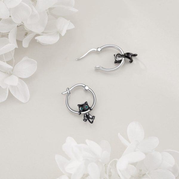 Sterling Silver Black Cat Hoop Earrings-4