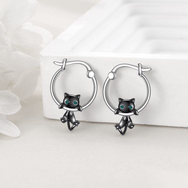 Sterling Silver Black Cat Hoop Earrings-5