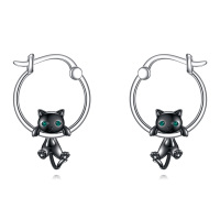 wholesale 925 Sterling Silver Black Cat Hoop Earrings with Green Eyes for Women- Two Tone