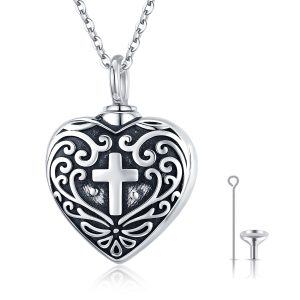 Sterling Silver Heart Cross Urn Necklace-0