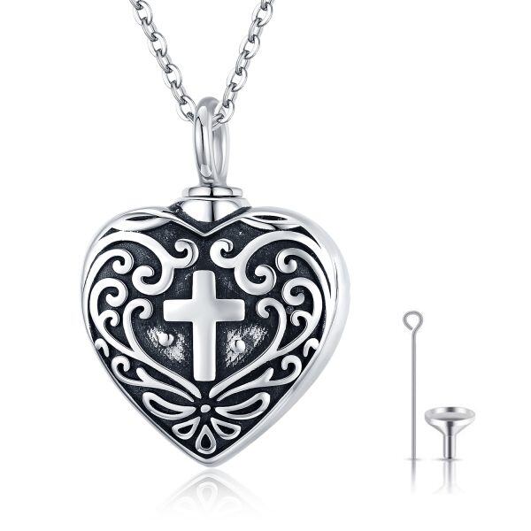 Sterling Silver Heart Cross Urn Necklace-0