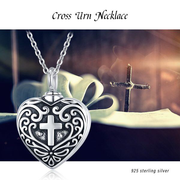 Sterling Silver Heart Cross Urn Necklace-3