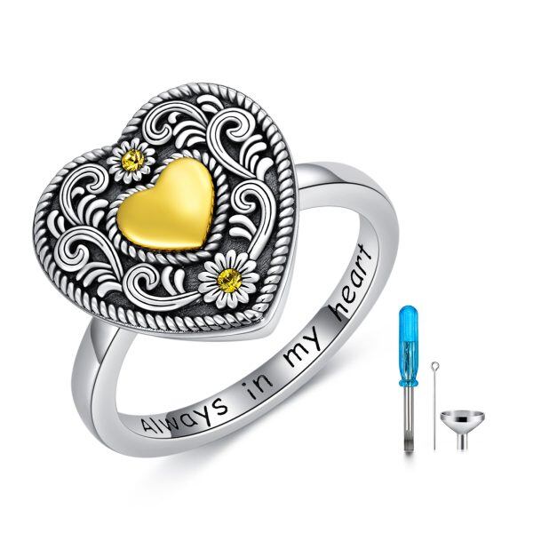 Sterling Silver Oxidized Heart Urn Ring with Yellow Crystal-0