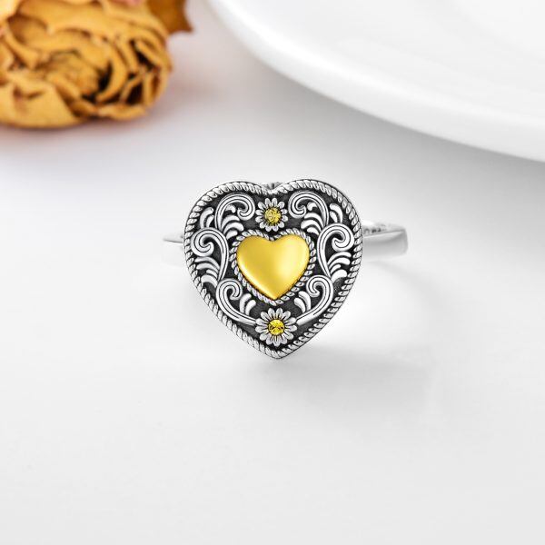 Sterling Silver Oxidized Heart Urn Ring with Yellow Crystal-4