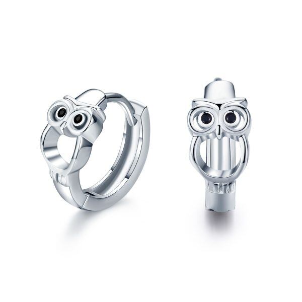 Sterling Silver Hollow Owl Huggie Earrings-0