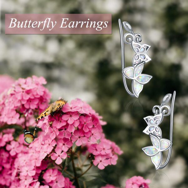 Sterling Silver White Opal Butterfly Ear Climbers-2