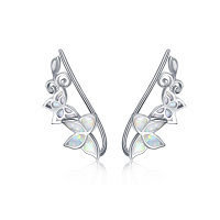 wholesale 925 Sterling Silver White Fire Opal Butterfly Wing Ear Climber Crawler Studs for Women- Rhodium Plated