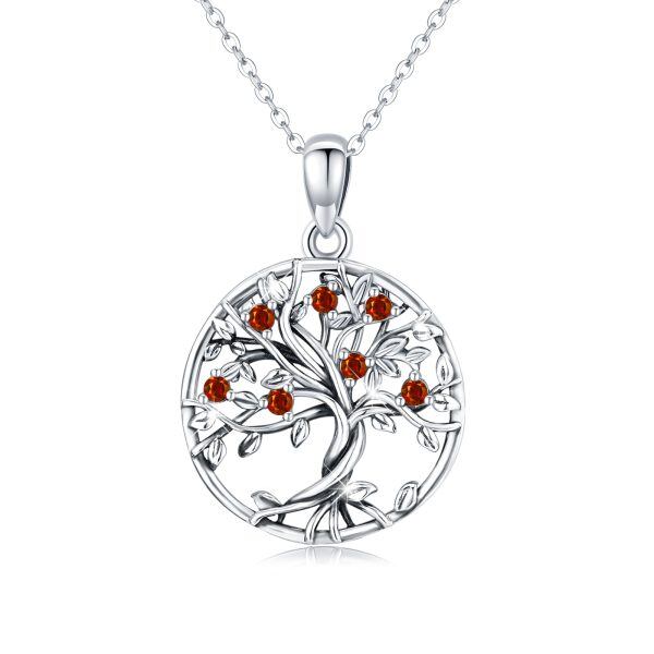 Sterling Silver Tree of Life Pendant Necklace With January Birthstone-0