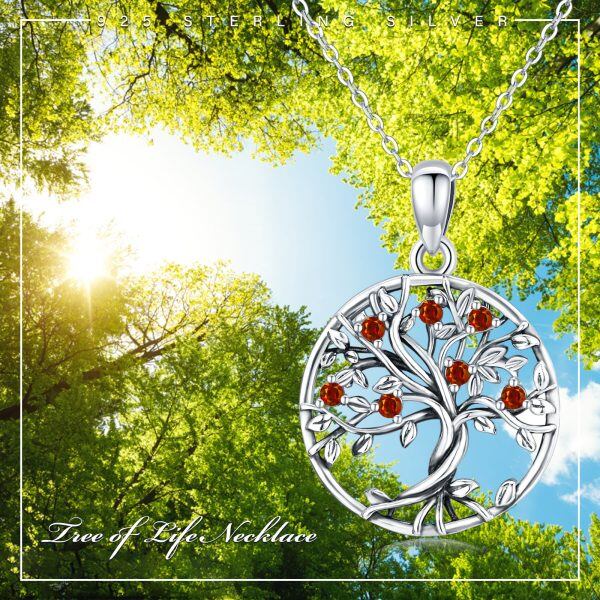 Sterling Silver Tree of Life Pendant Necklace With January Birthstone-3