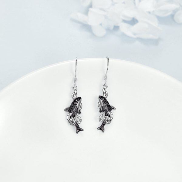 Sterling Silver Whale Orca Dangle Drop Earrings-3