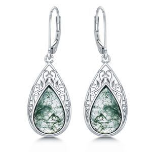 Sterling Silver Natural Gemstone Moss Agate Filigree Drop Dangle Earrings-0