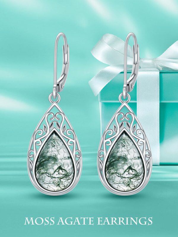 Sterling Silver Natural Gemstone Moss Agate Filigree Drop Dangle Earrings-2