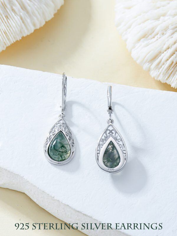 Sterling Silver Natural Gemstone Moss Agate Filigree Drop Dangle Earrings-4