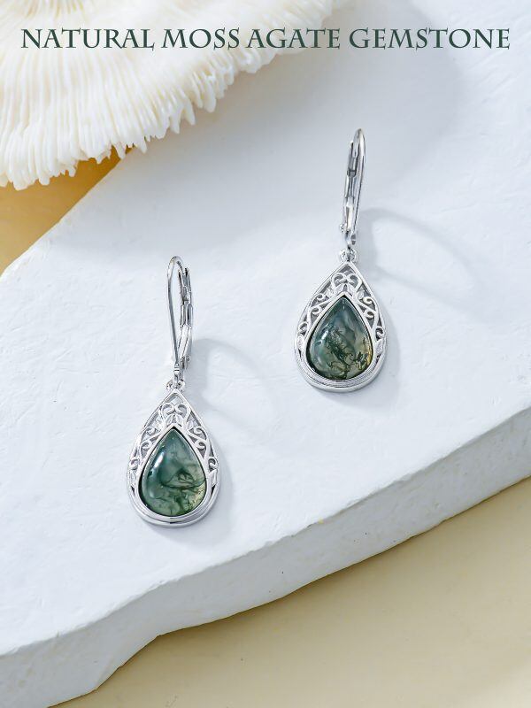 Sterling Silver Natural Gemstone Moss Agate Filigree Drop Dangle Earrings-5