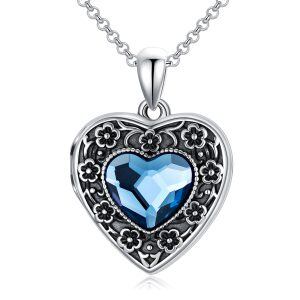 Sterling Silver Oxidized Flower Heart Locket Necklace With Blue Crystal-0