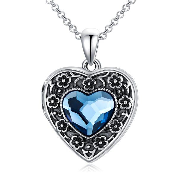 Sterling Silver Oxidized Flower Heart Locket Necklace With Blue Crystal-0