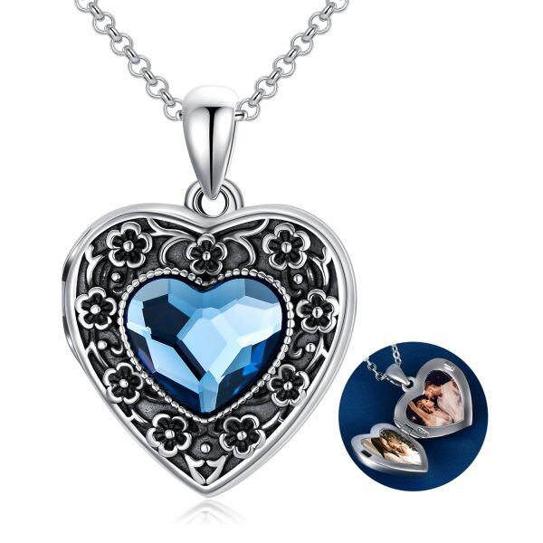 Sterling Silver Oxidized Flower Heart Locket Necklace With Blue Crystal-1