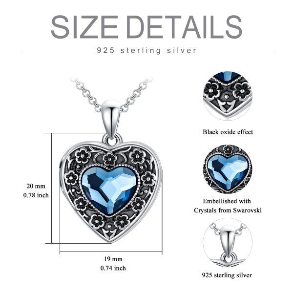 Sterling Silver Oxidized Flower Heart Locket Necklace With Blue Crystal-2