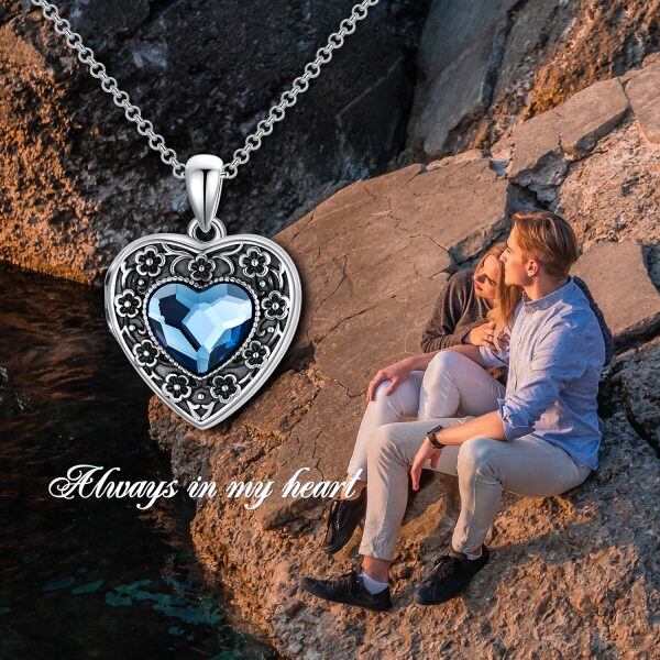 Sterling Silver Oxidized Flower Heart Locket Necklace With Blue Crystal-3