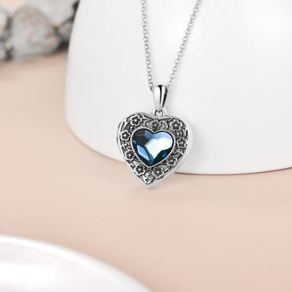 Sterling Silver Oxidized Flower Heart Locket Necklace With Blue Crystal-5