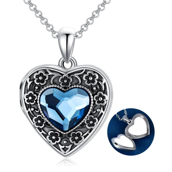 Sterling Silver Oxidized Flower Heart Locket Necklace With Blue Crystal-9