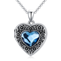 wholesale 925 Sterling Silver Blue Crystal Heart Locket Necklace for Women - Always in My Heart- Oxidized/Oxidised