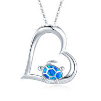 wholesale 925 Sterling Silver Blue Opal Heart with Sea Turtle Pendant Necklace s for Women- Rhodium Plated