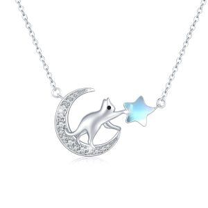 Sterling Silver Moon & Moonstone Star & Cute Cat Pendant Necklace-0