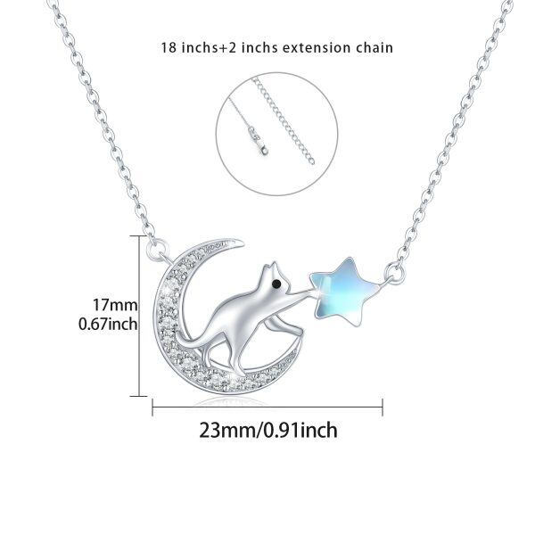 Sterling Silver Moon & Moonstone Star & Cute Cat Pendant Necklace-1