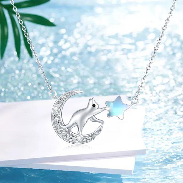 Sterling Silver Moon & Moonstone Star & Cute Cat Pendant Necklace-2