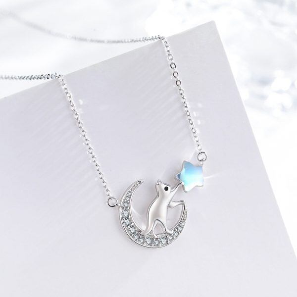 Sterling Silver Moon & Moonstone Star & Cute Cat Pendant Necklace-5