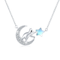 wholesale 925 Sterling Silver Moonstone Cat Crescent Moon & Star Pendant Necklace - Gifts for Women- Rhodium Plated