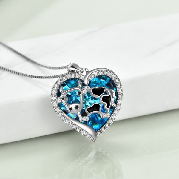 Sterling Silver Cow Heart Crystal Pendant Necklace-3