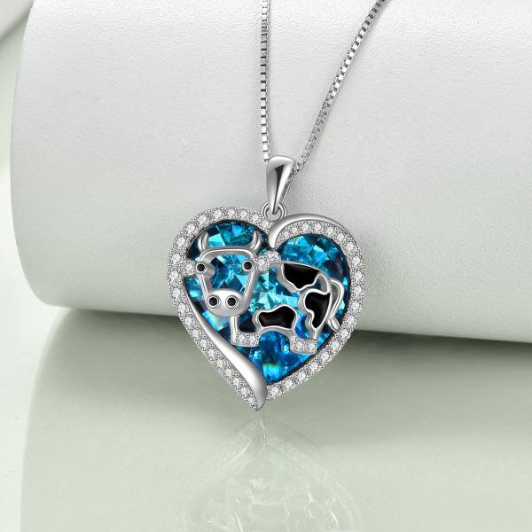 Sterling Silver Cow Heart Crystal Pendant Necklace-4