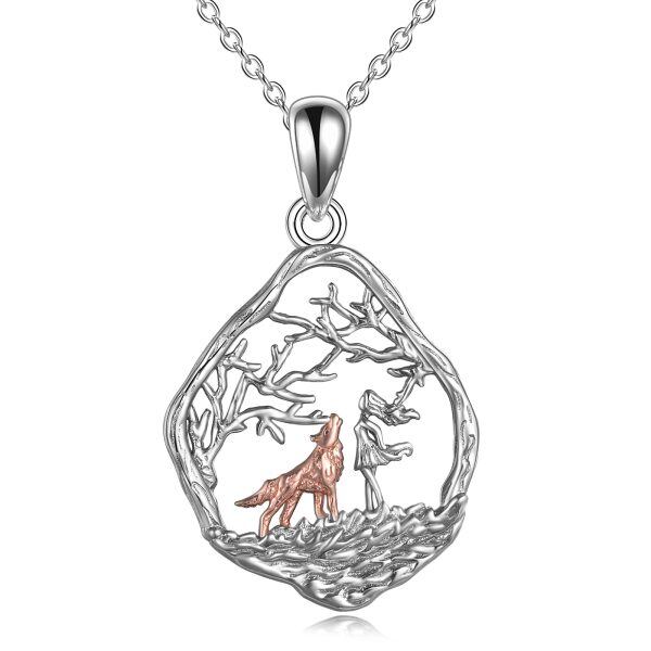 Sterling Silver Wolf and Girl Pendant Necklace-0