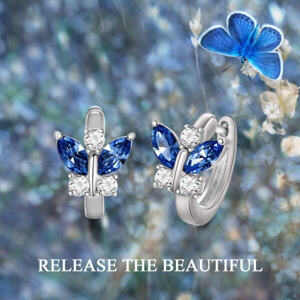 Sterling Silver Blue Crystal Butterfly Huggie Earrings-3